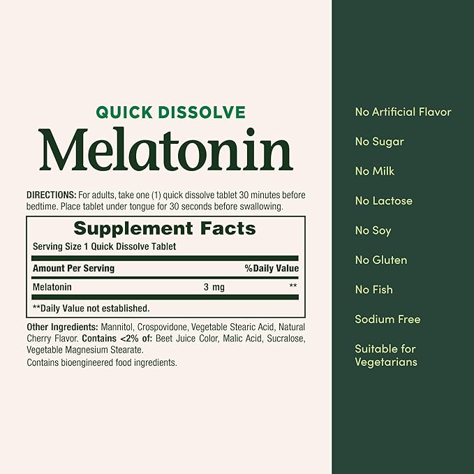 Nature's Bounty Melatonin, Promotes Relaxation & Sleep, 100% Drug Free Sleep Aid, 3 mg, 120 Quick Dissolve Tablets (Pack of 3)