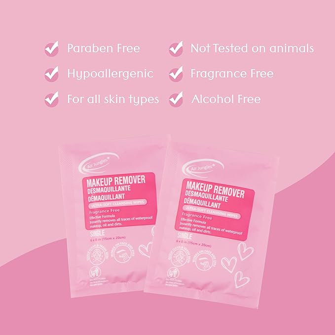 Air Jungles Makeup Remover Wipes Singles Wrapped 30 Pack, 750 Singles, Extra Large 6" x 8", Fragrance-Free, Removes Makeup and Oil, Ultra Soft Cleansing Wipes, Alcohol Free