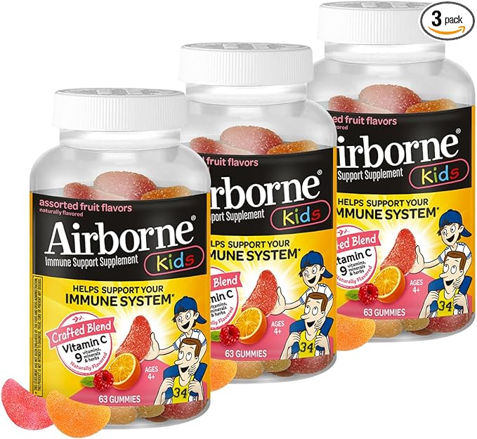 Airborne Kids 500mg Vitamin C Gummies, Kids Immune Support Zinc Gummies with Powerful Antioxidants VIT C & E - 63 Gummies, Assorted Fruit Flavor (Pack of 3)
