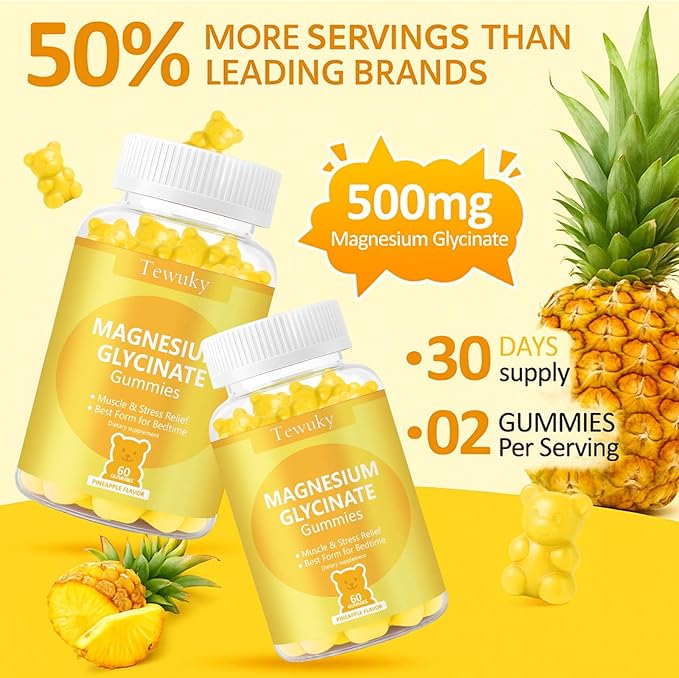 Magnesium Glycinate Gummies 2 Bottles, Sugar-Free for Adults & Kids, Magnesium Gummies for Sleep, Stress & Muscle Relief, Supports Bone & Nerve Health, Vegan, Pectin-Based, Pineapple Flavor