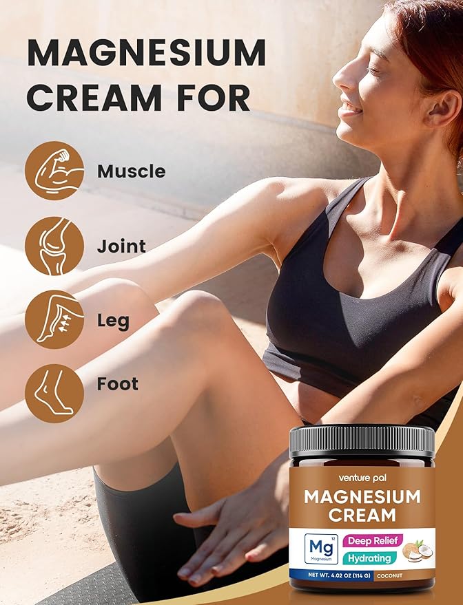 Venture Pal Topical Magnesium Cream, Fast-Absorbing Magnesium Moisturizing Lotion with Coconut Oil, Shea Butter & Hyaluronic Acid, Suitable for Kids