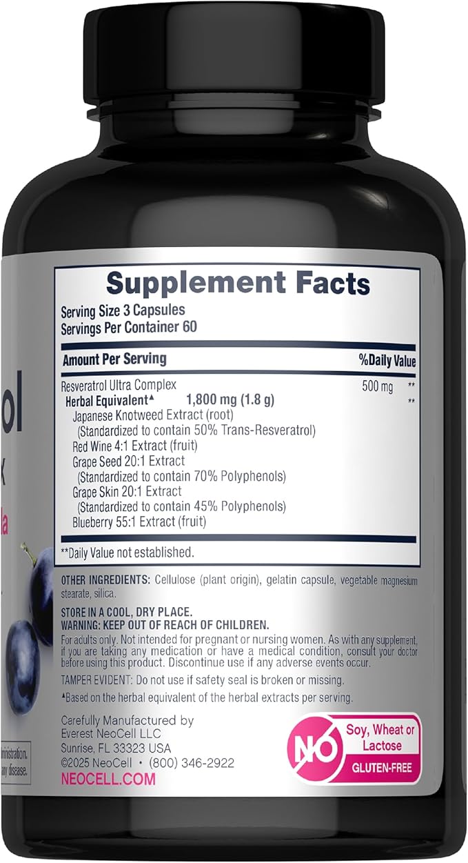 NeoCell Resveratrol Complex 1800 mg | 180 Capsules | Revitalizing Formula | Potent Antioxidant Supplement | Grape & Red Wine Extract