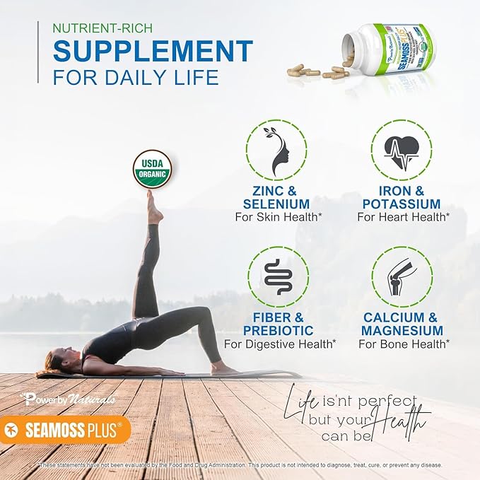 Power By Naturals Sea Moss Plus – USDA Organic Irish Sea Moss Capsules with Bladderwrack & Burdock Root – Immune Support for Adults – Vegan, Non-GMO, Gluten-Free – 60 Capsules (1-Month Supply)