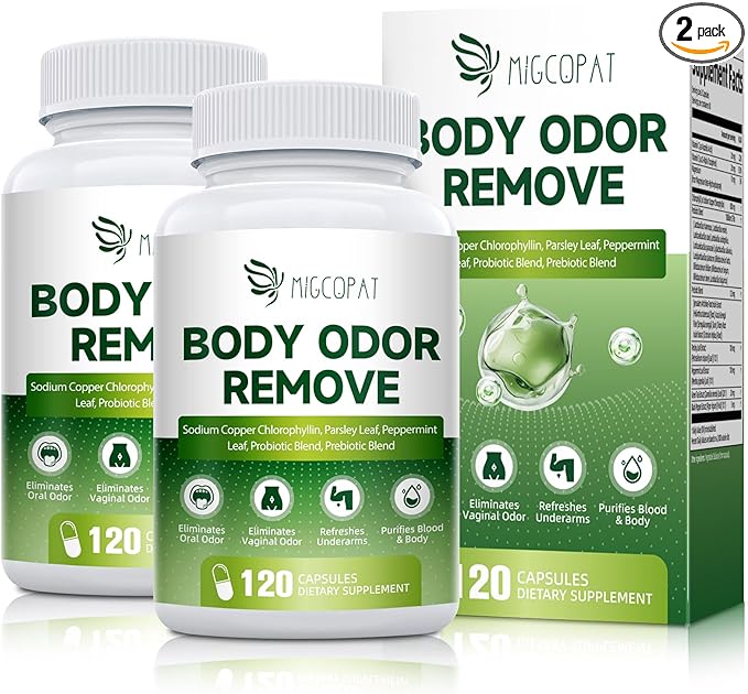Chlorophyll Body Deodorizing Supplement 2 Pack, Chlorophyll Capsules with Parsley & Peppermint, Probiotic, Green Tea, Jerusalem Artichoke, Prebiotic, Supports Fresh Breath & Whole-Body Freshness