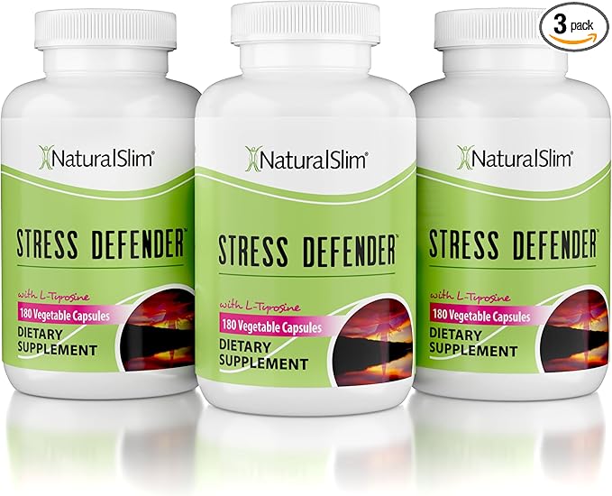 NaturalSlim Stress Relief Supplement - Stress Defender, High Cortisol Reducer, Control Cravings, Sleep & Metabolism Support with Vitamin B5 Pantothenic Acid & L Tyrosine 180 Vegetable Capsules 3 Pack