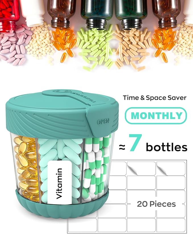 HIONXMGA Large Pill Dispenser, Portable Pill Bottle Organizer for 7 Vitamins, Anti-Mix Supplement Organizer with Easy Twist Wide Opening, BPA-Free Pill Container, 20 Pcs Labels Included, Cyan