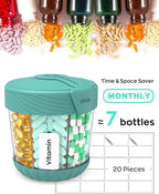 HIONXMGA Large Pill Dispenser, Portable Pill Bottle Organizer for 7 Vitamins, Anti-Mix Supplement Organizer with Easy Twist Wide Opening, BPA-Free Pill Container, 20 Pcs Labels Included, Cyan