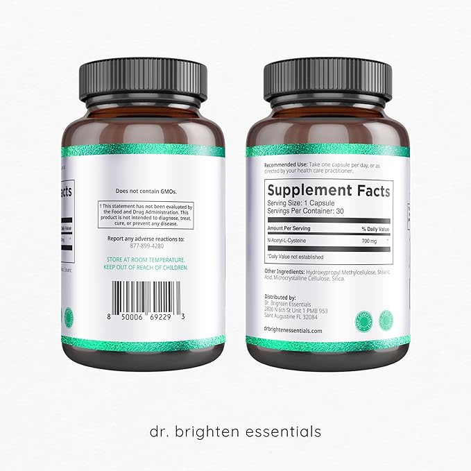 Dr. Brighten N-Acetyl-Cysteine (NAC) — Powerful Glutathione Precursor Amino Acid Supplement for Optimal Detoxification, Immune Function, and PCOS — 30 Capsules