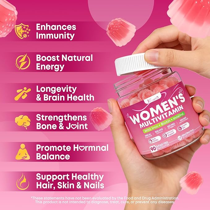 Women's Multivitamin Gummy, Methylated Multivitamin for Women Gummies, Sugar Free Daily Vitamin with Iron, Omega 3, Biotin for Beauty, Immune, Hair & Skin - Vegan, Mixed Berry Flavor, 90 Count