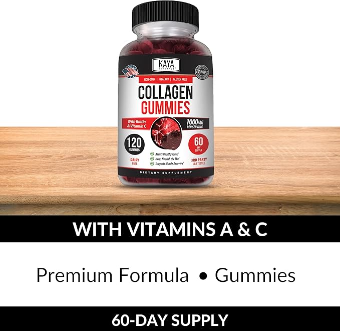 Kaya Naturals Collagen Gummy for Men & Women, 120 Count, 1000mg of Hydrolyzed Collagen, Vitamin C, Selenium & Biotin, Collagen/Strawberry Flavor (120 Gummies)