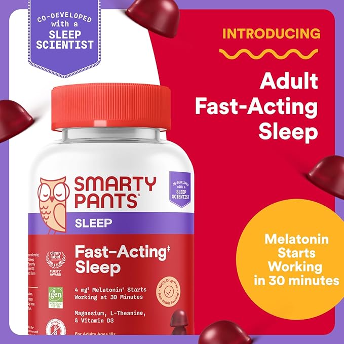 SmartyPants Adult Sleep Gummies with Melatonin: Magnesium & L-Theanine, Drug-Free, Non-Habit Forming Sleep Aid, Fast-Acting, Blueberry BlackBerry Flavor, 60 Count