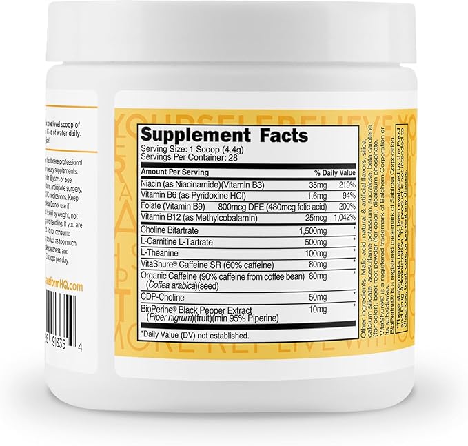 TransformHQ Energy & Focus Powder (Peach Mango) - Boost Shot Clean Energy Drink Mix - Sugar Free - Non-GMO, Gluten-Free - 28 Servings