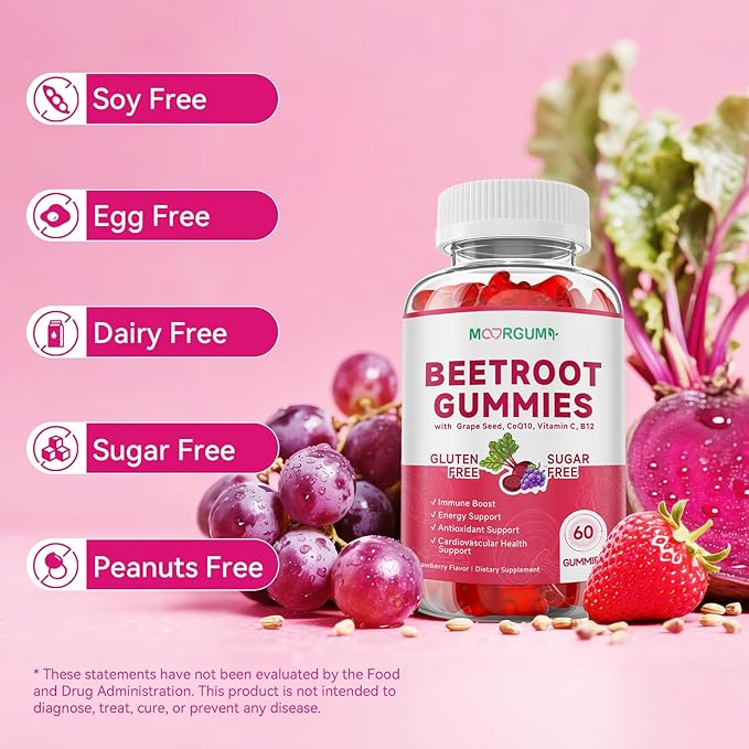 Beetroot Gummies with Grape Seed, Niacin, CoQ10, Vitamin C, B12, L-Citrulline & L-Arginine, Antioxidant Support, Sugar-Free Beet Root Supplement for Women & Men, 60 Count