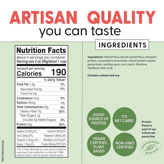 Pastabilities, Protein Pasta, Ruffles - 24g Protein & Low Carb, 17g Net Carbs - High Protein, Delicious Taste & Texture Non-GMO Plant-Based Pasta, Keto Friendly, Vegan (8 Ounce, 2 Pack)
