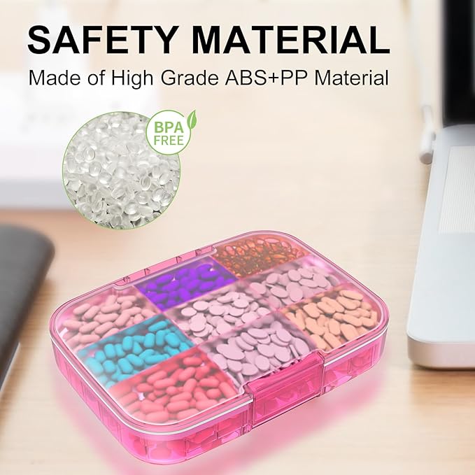 Restree Pill Organizer, Large & Waterproof Travel Pill Case, Adjustable Dividers for Daily Vitamins, Supplements, Fish Oil - Portable Medicine Box for Home & On-The-Go, 9 Compartment (Pink)