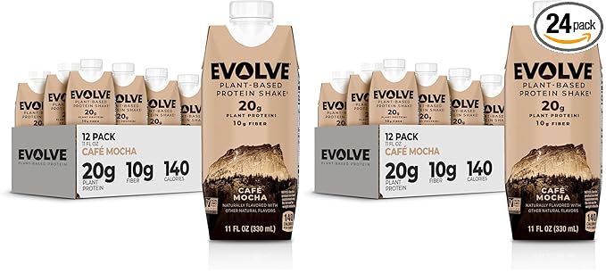 Evolve Plant Based Protein Shake, Café Mocha, 20g Vegan Protein, Dairy Free, No Artificial Sweeteners, Non-GMO, 10g Fiber, 11oz, (24 Pack) (Formula May Vary)