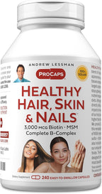 ANDREW LESSMAN Healthy Hair, Skin and Nails 240 Capsules - 3000 mcg High Bioactivity Biotin, B-Complex. Promotes Beautiful Skin, Strong Nails. No Additives Hair Growth Vitamins Biotin Supplement