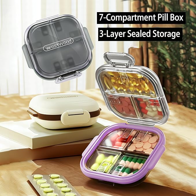 Travel Pill Organizer - Airtight Medicine Case for Traveling Portable Pharmacy Box with Labels Vitamin Container 7 Compartment Supplement Medication Holder Large Capacity Daily (Purple)
