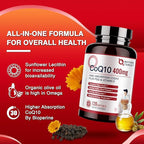 NATURE TARGET CoQ10-400mg Plus PQQ with Vitamin E & Organic Olive Oil - Coenzyme-Q10 with BioPerine - High Absorption Antioxidant-for-Heart-Health and Energy Production,120 Servings