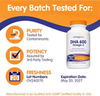 OmegaVia DHA 600 mg, Ultra Pure Omega-3 DHA Supplements for Brain and Eyes, DHA Prenatal Vitamins for Women, Burpless Fish Oil Omega 3, IFOS Tested, 120 Softgels