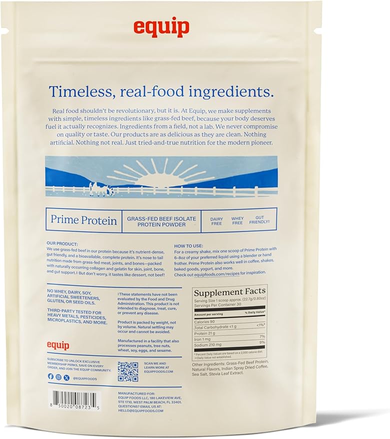 Equip Foods Prime Protein Powder | Clean, Grass Fed Beef Protein Powder | Carnivore Protein Isolate | Paleo, Keto Friendly, Gluten & Dairy Free | Helps Build & Repair Tissue | 30 Servings, Iced Coffee