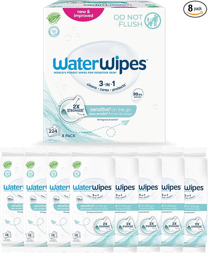 WaterWipes Sensitive+ On The Go Wipes, 3-In-1 Cleans, Cares, Protects, 99.9% Water, Unscented & Hypoallergenic Wet Wipes, 224 Count (8 Packs)
