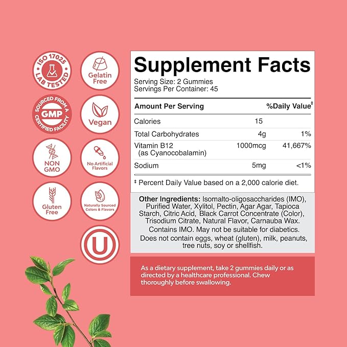 Vitamin B12 Gummies for Adults - Sugar Free Vitamin B12 1000 mcg Chewable Gums for Energy & Mood Support Immune & Nerves Health - Kosher Non-GMO & Gluten Free Supplement for Women & Men - 90 Count