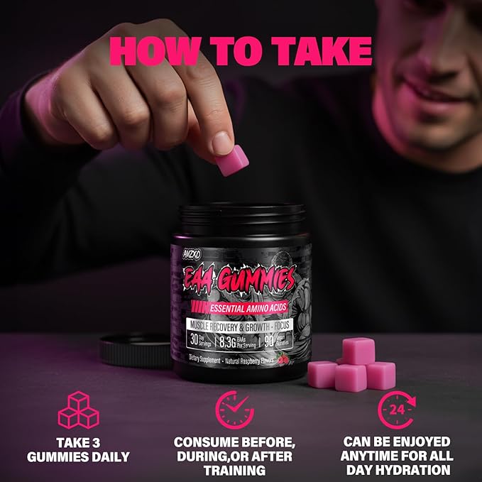 EAA Gummies - 2:1:1 BCAA Formula (8300mg) - Essential Amino Acids for Muscle Recovery & Endurance - Non-GMO, Gluten Free, Sugar Free, Vegetarian, Raspberry Flavor - 90 Count