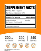 BulkSupplements.com Hyaluronic Acid Capsules - Hyaluronic Acid Supplements, Hyaluronic Acid 200mg - Pure & Gluten Free, 1 Capsule per Serving, 240 Count (Pack of 1)