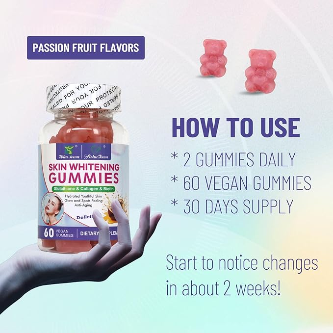 Skin Whitening Gummies, with I-Glutathione, Collagen & Bioth, Antioxidant & Skin Care, Anti-Aging, 60 Count