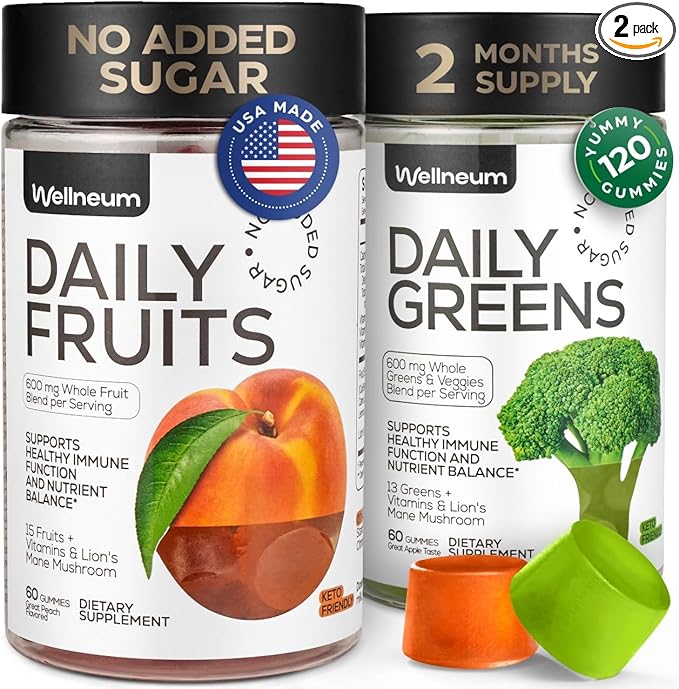 Super Greens + Super Fruits Gummies (Fruits/Greens Powder in Gummies Form) - 600mg Greens Blend + 600mg Fruits Blend for Immune Support, Sugar Free, Vegetarian, Non-GMO, 2-Pack (120 Gummies)