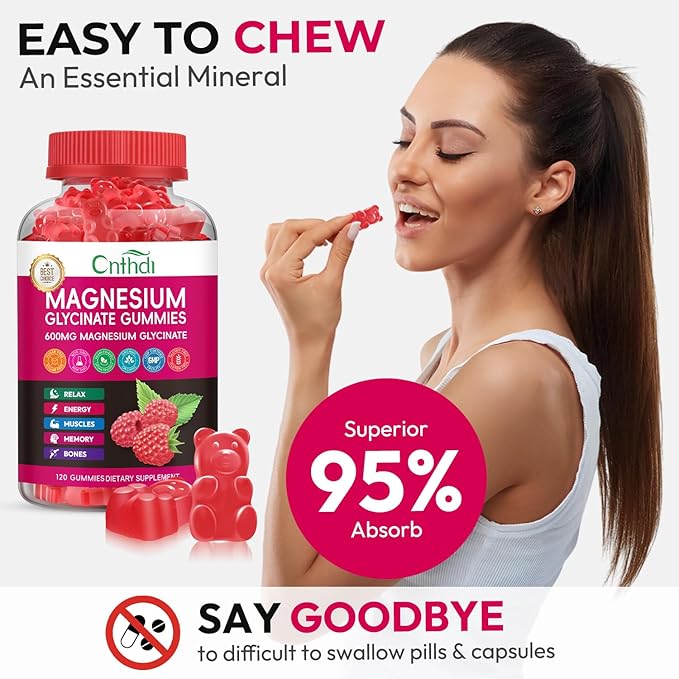 Magnesium Glycinate Gummies 600mg, High Absorption Magnesium Gummies, Black Currant Oil, Calcium, Vitamin B6, Sugar Free Chews for Adults & Kids Relaxation, Stress Relief, Night Rest