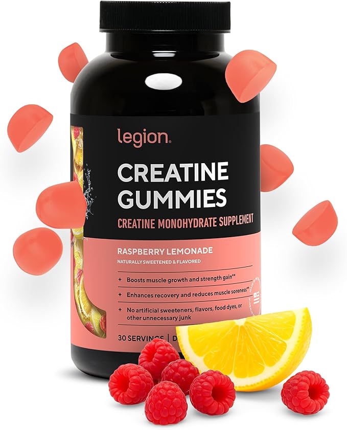 LEGION Creatine Monohydrate Gummies – Clean Chewable Creatine Supplement for Strength, Endurance & Muscle Recovery – 30 Sour Raspberry Lemonade Servings – No Artificial Flavors or Sweeteners