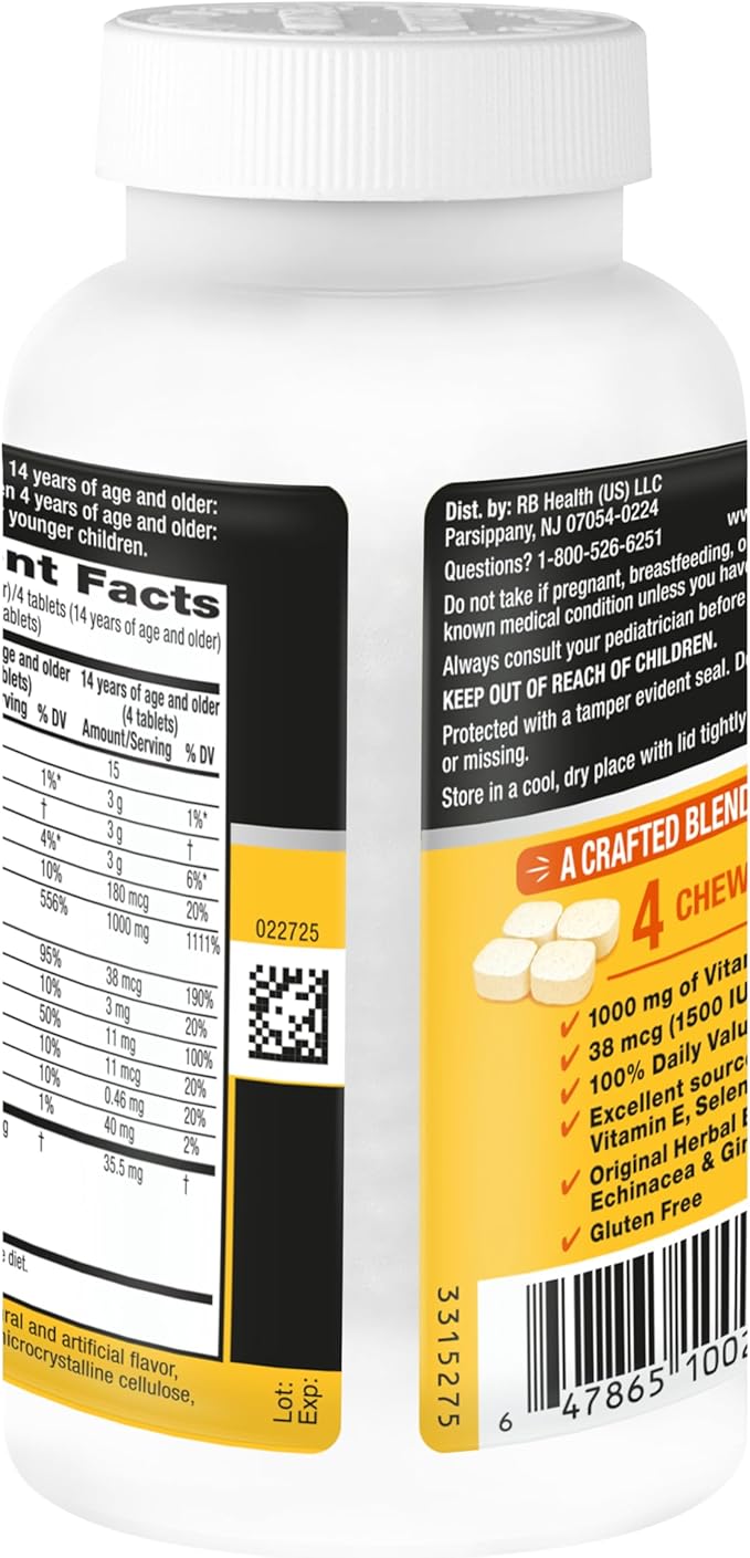 Airborne 1000mg Vitamin C with D and Zinc, Multivitamin Immune Support Supplement with Antioxidants A, C, and E, 200 Chewable Tablets, Citrus Flavor,(Pack of 2)