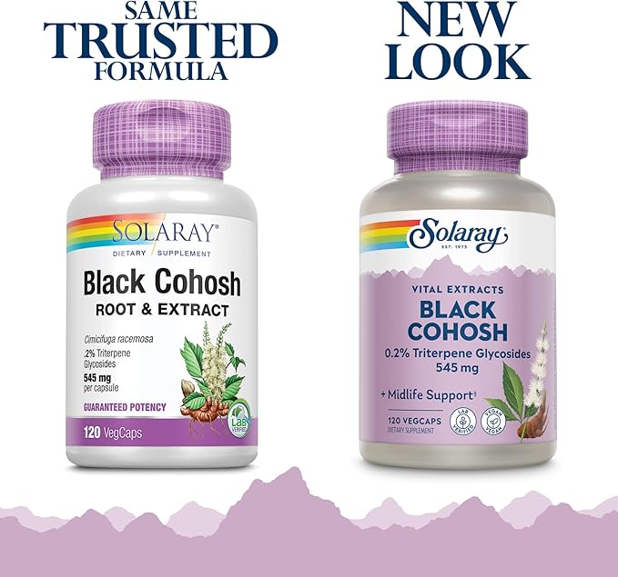 SOLARAY Black Cohosh Root Supplement for Women - Menopause Support, Vegan Capsules, Black Cohosh Herb, 545 mg per Serving, Phytoestrogen Properties, 0.2% Triterpene Glycosides - 120 Veg Cap Count
