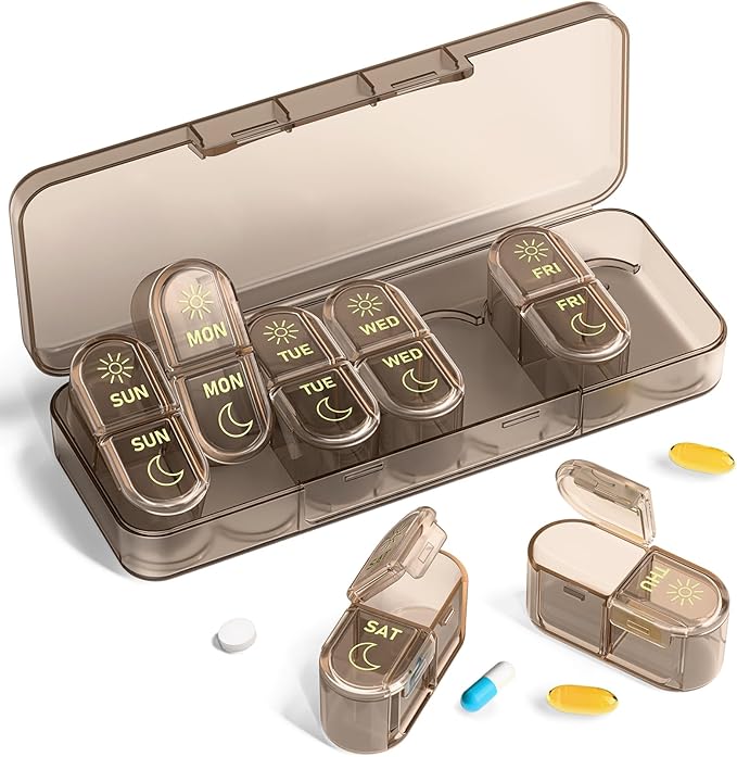 Pillex Weekly Pill Organizer 2 Times a Day, 7-Day AM PM Pill Box, Travel Pill Case, Medicine Pill Organizer for Fish Oils, Vitamins & Supplements