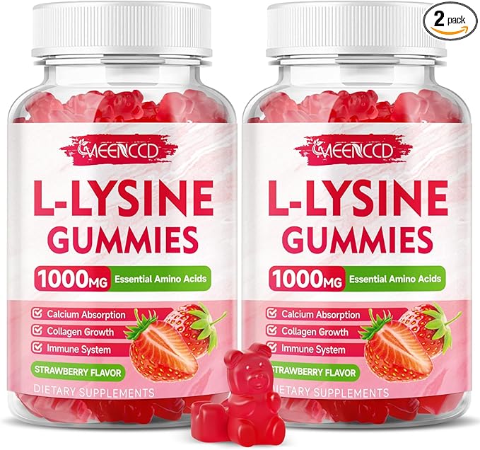 MEENCCD 2 Pack L-Lysine 1000mg Gummies, Lysine Supplement for Adults & Kids, Essential Amino Acid for Oral & Lips Health, Boost Immune & Calcium & Collagen, Sugar-Free, Strawberry Flavor, 120 Count