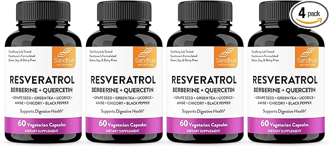 Resveratrol with Berberine Supplement For Gut Health Support | 240 Digestive Capsules For Women & Men | With Green Tea Extract, Star Anise, DGL, Grape Seed, Quercetin | Helps Ease Bloating & Digestion