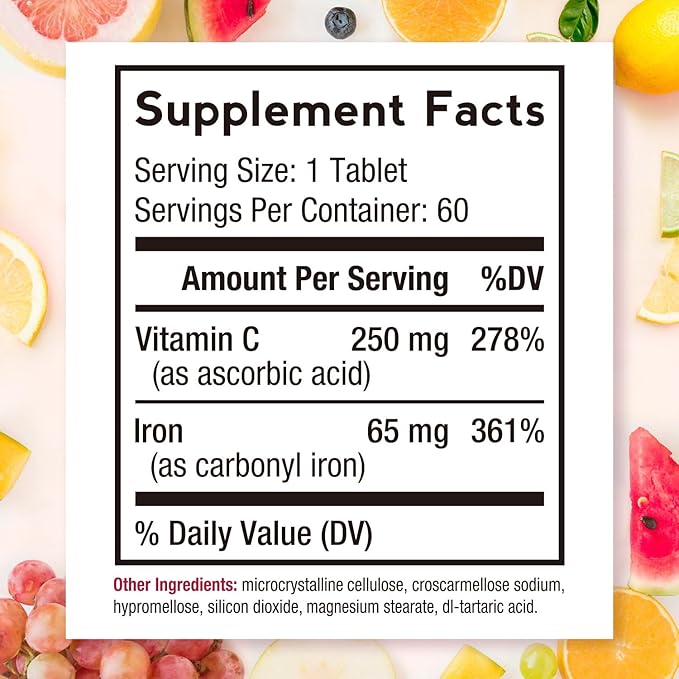 Doctor's Recipes Iron Supplement 65 mg with Vitamin C - Maximized Absorption & Stomach Friendly Iron Pills for Red Blood Cells Formation, Heart, Brain & Immunity Health - Vegan Non-GMO 60 Iron Tablets