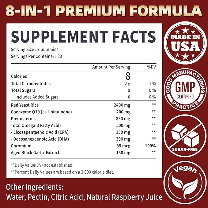 Red Yeast Rice with CoQ10 Gummies,2400mg Red Rice Yeast for Cholesterol*, CoQ10 200mg with Phytosterols, Omega - 3 & Chromium,- 60 Count, Raspberry Flavor for Women & Men