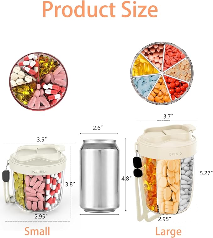 Large Pill Organizer,Supplement Organizer for 7 Different Vitamins,Pill Dispenser with Anti-Mixing Design,Easy to Retrieve Meds,Includes 20 Pcs Labels,Travel Pill Organizer (Cream White)