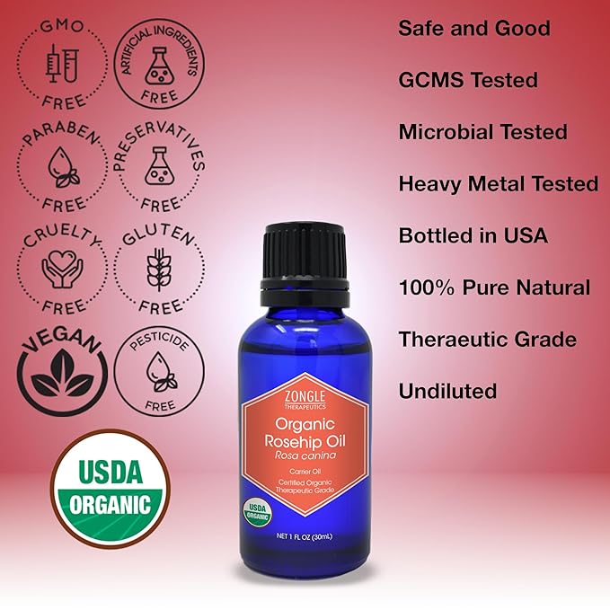 Zongle Therapeutics Organic, Rosehip Oil, for Face, Cold Pressed – 100% Pure, Rosehip Oil, for Skin, Hair, 1 OZ