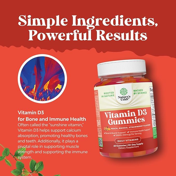 Natures Craft Vitamin D3 Gummies for Daily Wellness - Delicious D Adults with 2000IU per Serving Bone Muscle & Immune Support Non-GMO Gelatin Gluten Free - 60 Count