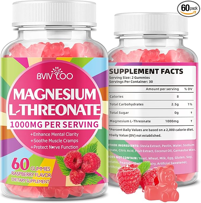 1000mg Magnesium L-Threonate Gummies for Kids & Adults - Muscle & Nervous System Support, Vegan, Sugar-Free Raspberry Flavor, 60 Gummies