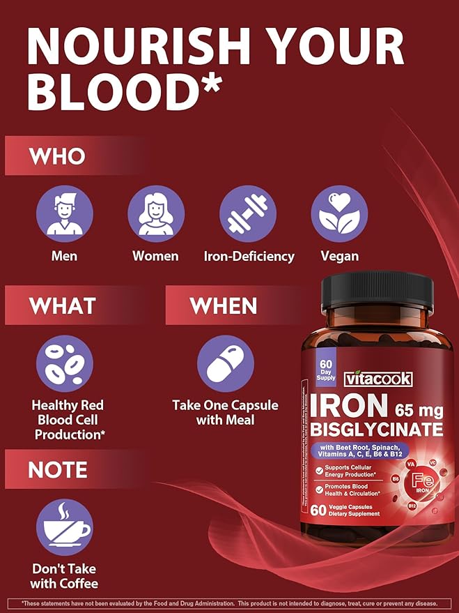 Iron Supplement for Women & Men, 65mg Ferrous Bisglycinate Chelate, Slow Release Iron with Vitamins A C E B6, B12, Folate, Organic Spinach & Beet Root Powder, for Blood Flow & Energy Support, 120 Caps