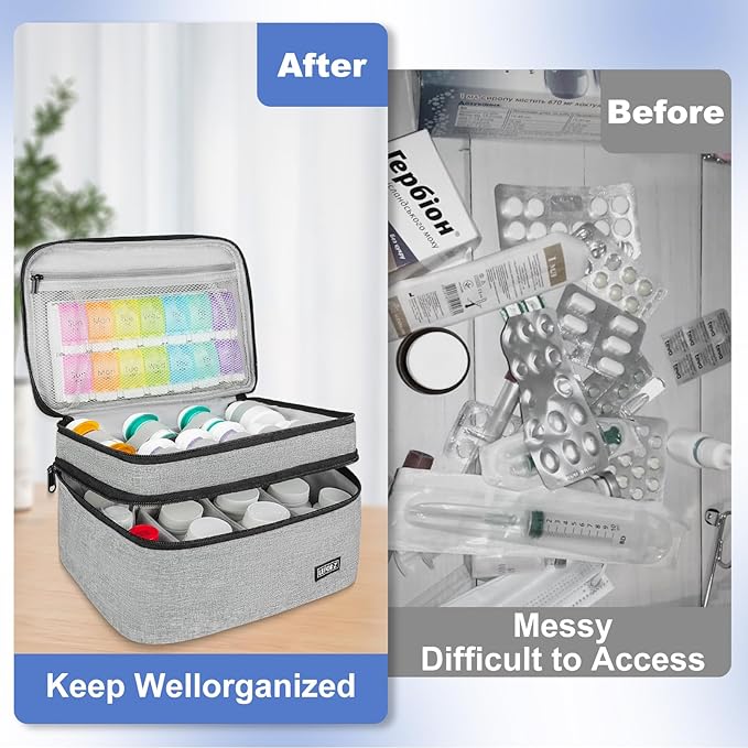 LEFOR·Z Medicine Storage Bag,Double Layers Pill Bottle Organizer Bag Empty with Lockable Zipper&Adjustable Divider,Medication Travel Carrying Bag for Pills,Vitamins,Medical Supplies,Grey