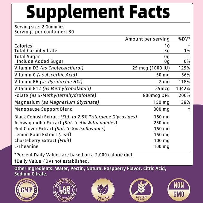 Menopause Supplements for Women with Black Cohosh, Menopause Relief Sugar Free Gummies for Hot Flashes, Natural Female Hormone Balance & Ashwagandha, Magnesium for Night Sweats, Mood Swings, 60 Count