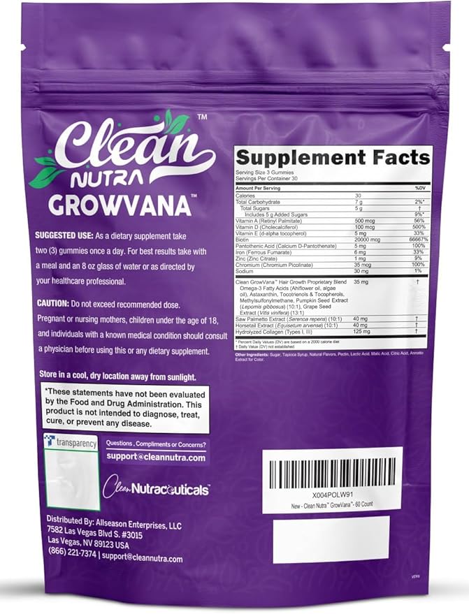 GrowVana Hair Growth Gummies for Women Biotin Collagen Keratin Saw Palmetto Horsetail Astaxanthin Iron Zinc Pantothenic Acid Vitamin A D E Pumpkin Seed Ahiflower MSM Supplement by Clean Nutra 90 Count