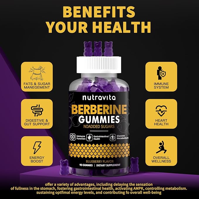 Nutravita Berberine Gummies with Ceylon Cinnamon 1500mg High Potency Berberine HCL Supplement for Immune and Metabolism Support, Sugar Free Organic Berberine Gummies Blueberry Flavor-2PACK