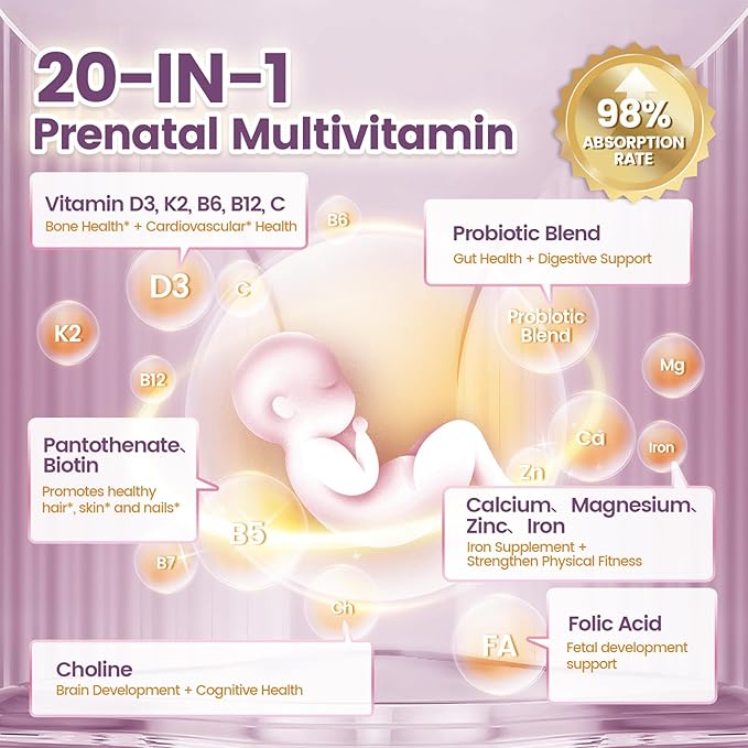 VivoNu 20 in 1 Prenatal Multivitamin, Prenatal Vitamins for Women, Vitamin C D3 K2 B6 B12, Folic Acid, Omega 3 DHA, Choline, Probiotic, Iron, Calcium, Zinc & Magnesium, 300 Softgels